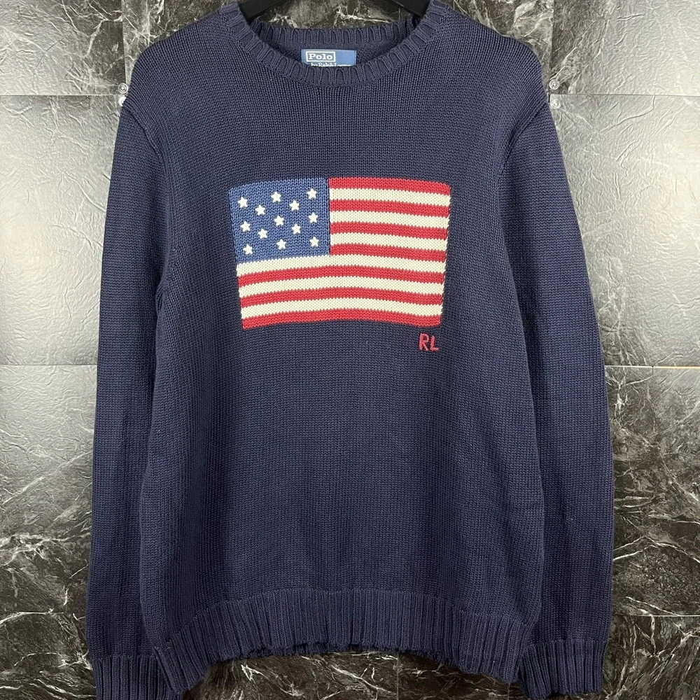 Polo Ralph Lauren Men's Navy USA Flag Knit Sweater Medium